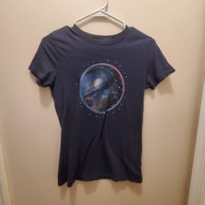 Womens graphic tee with moon, stars, and galaxy in circle dark blue galaxy color